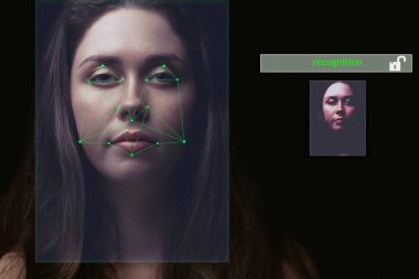 Kullanıcının yüzünün tanınması, güvenlik sistemi. Erişime izin verilir. Gizlilik kavramı.