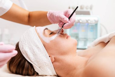 Güzellik salonu. Tıbbi eldivenli kozmetik uzmanı, bir kase dolusu makyaj malzemesi tutuyor ve müşterinin yüzüne fırça maskesi takıyor. Yan görüş. Profesyonel kozmetoloji ve tedavi kavramı.