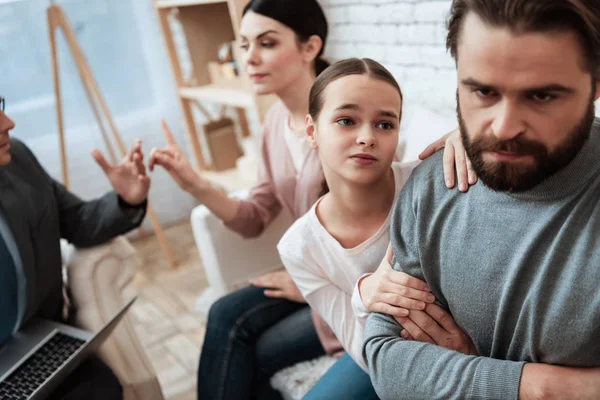 Little Daughter Calming Offended Adult Father Who Quarreled Mother — Stock Photo, Image