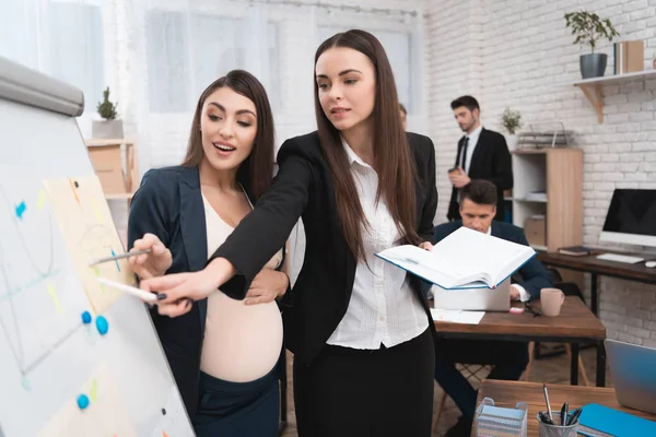 Chica Joven Con Mujer Embarazada Desmontaje Flujos Trabajo Rotafolio — Foto de Stock