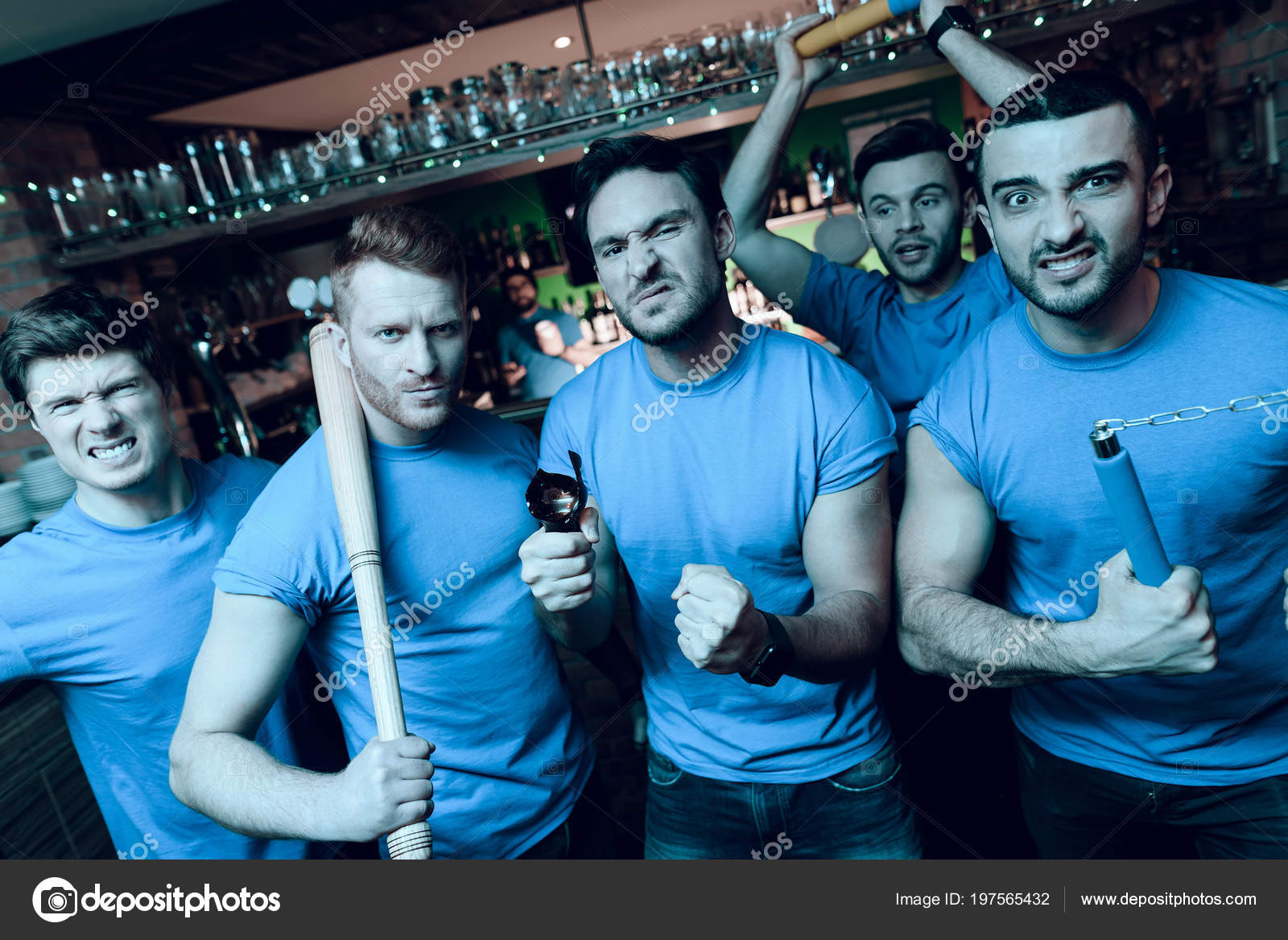 Five Aggressive Sports Fans Hooligans Front Sports Bar Supporting Blue — Stock Photo