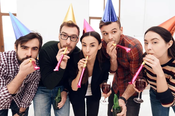 Young Employees Company Celebrate Corporate Holiday Put Holiday Caps Have Stockbild