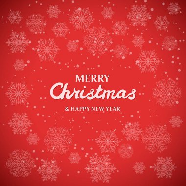 Kırmızı zemin üzerine beyaz kar taneleri. Neşeli Noel tebrik kartı