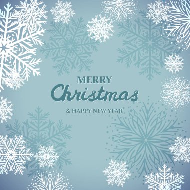 Mavi zemin üzerine beyaz kar taneleri. Neşeli Noel tebrik kartı