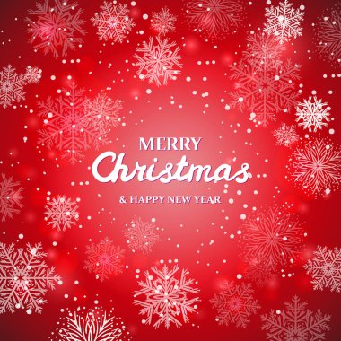 Kırmızı zemin üzerine beyaz kar taneleri. Neşeli Noel tebrik kartı
