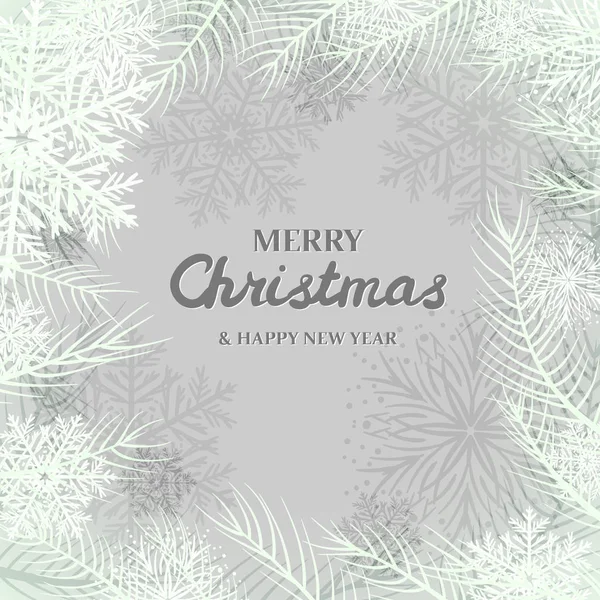 Snöflingor Och Vita Spruce Grenar Grå Bakgrund Merry Christmas Gratulationskort — Stock vektor