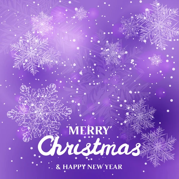 Białe Płatki Śniegu Fioletowym Tle Merry Christmas Greetings Karty — Wektor stockowy