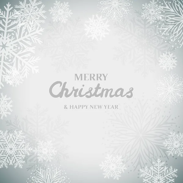 Białe Płatki Śniegu Szarym Tle Merry Christmas Greetings Karty — Wektor stockowy