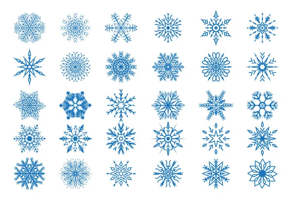 Conjunto Copos Nieve Azules Diseño Plano Aislado Sobre Fondo Blanco — Vector de stock