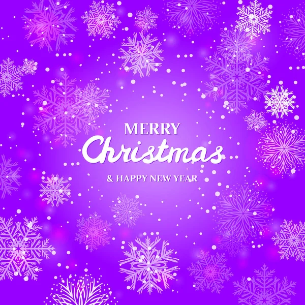 Weiße Schneeflocken Auf Violettem Hintergrund Frohe Weihnachten Grußkarte — Stockvektor