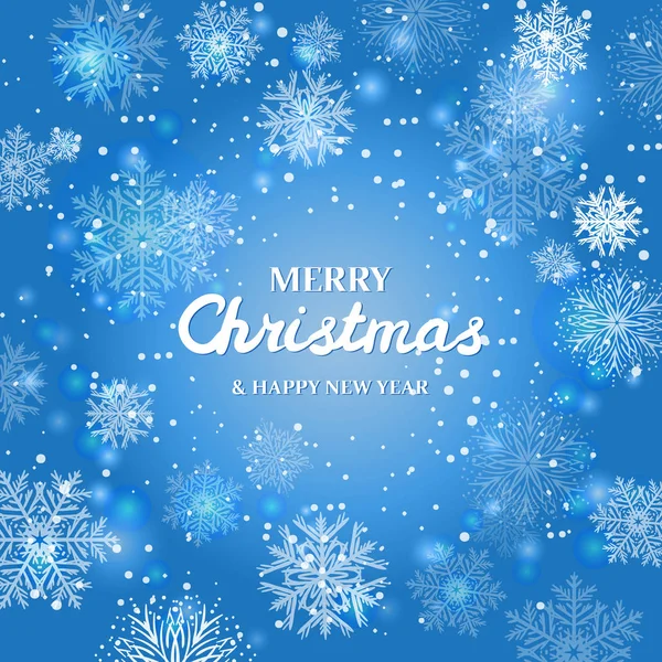 Flocos Neve Brancos Fundo Azul Feliz Natal Cartão Felicitações — Vetor de Stock