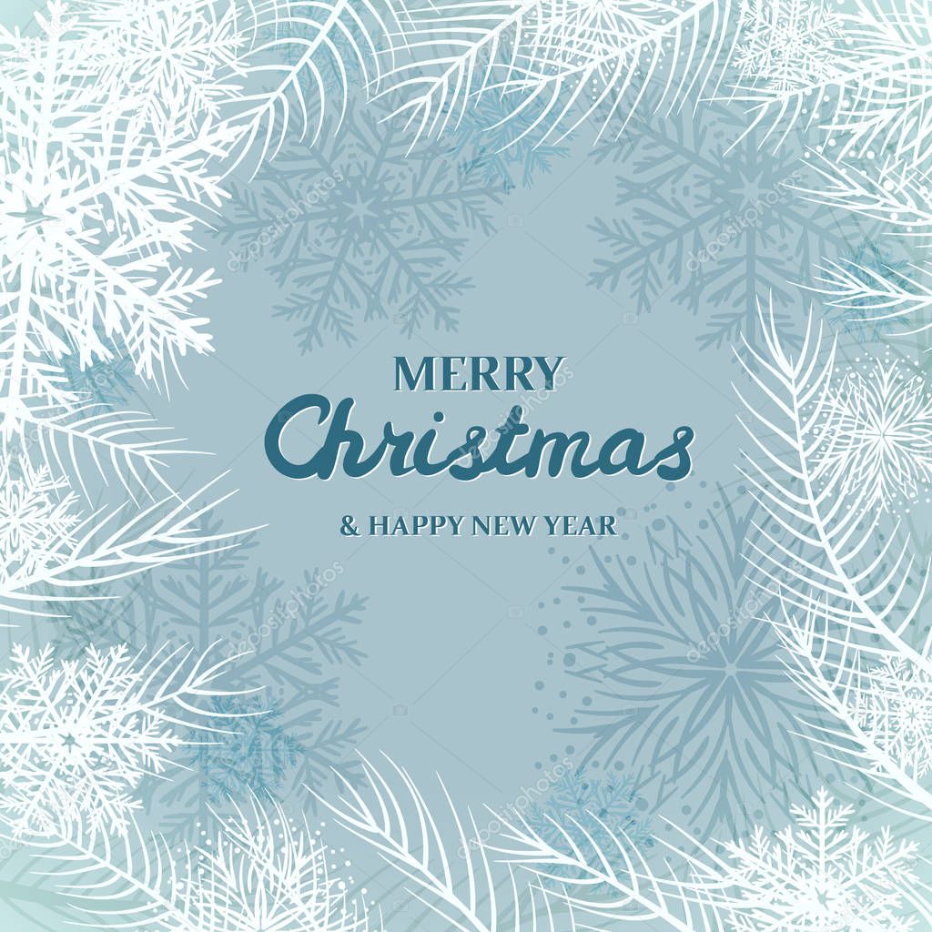 snowflakes and white spruce branches on blue background. Merry Christmas Greetings card