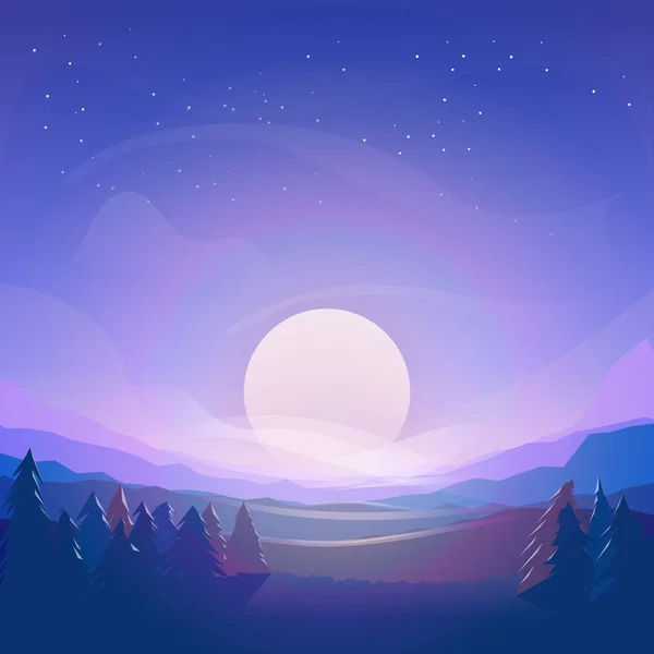 Montañas Vectoriales Luna Bosque Noche Hermosa Ilustración Geométrica Púrpura — Vector de stock