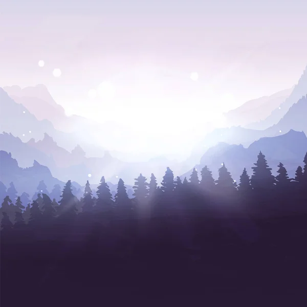 Winterwaldlandschaft Morgengrauen Licht Von Der Sonne Vektorillustration — Stockvektor