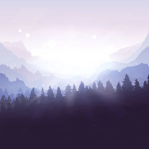 Paisaje Del Bosque Invierno Amanecer Luz Del Sol Ilustración Vectorial — Archivo Imágenes Vectoriales