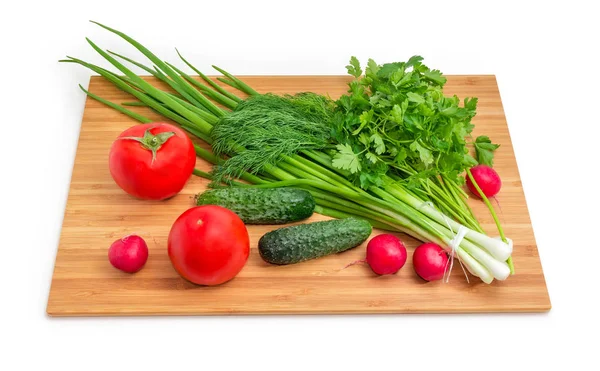 Bündel Gewaschener Und Geschälter Grüner Zwiebeln Dill Und Petersilie Tomaten — Stockfoto