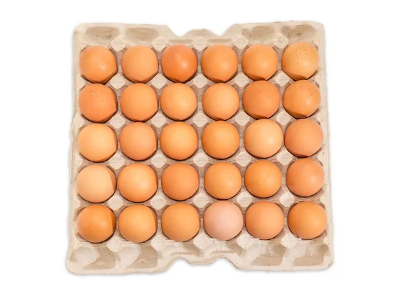 Vista Superior Los Huevos Gallina Marrón Envase Grande Bandeja Huevo — Foto de Stock