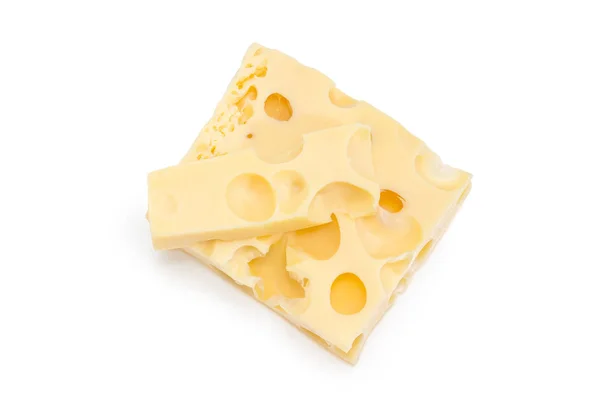 Draufsicht Auf Zwei Stücke Schweizer Käse Verschiedener Größen Mit Großen — Stockfoto