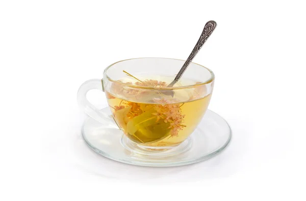 Hárs Virág Tea Tea Kanállal Fehér Háttér Átlátszó Üveg Kupa — Stock Fotó