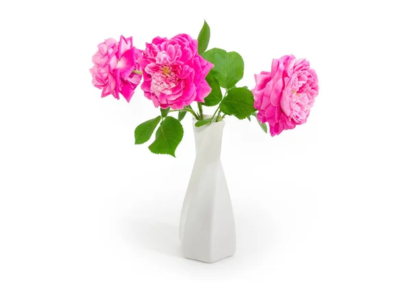 Three Pink Flowers Rose Leaves Small Ceramic White Vase White — Stock Photo, Image