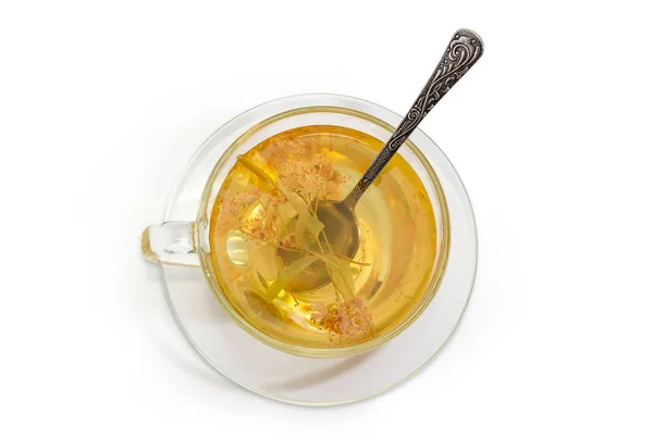 Felülnézete Hárs Virág Tea Átlátszó Üveg Csésze Csésze Teát Kanállal — Stock Fotó