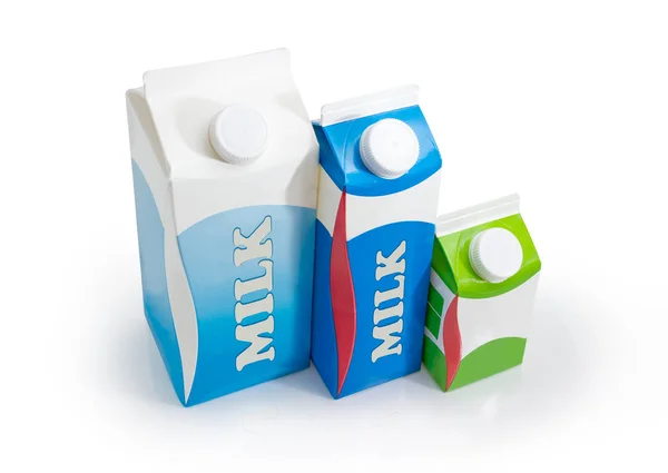 Zwei Milchkartons Unterschiedlicher Größe Mit Schraubverschluss Und Ein Kleiner Milchkarton — Stockfoto