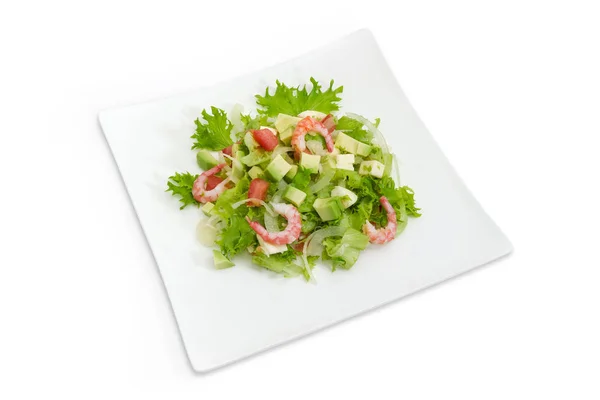 沙拉用切片的鳄梨和西红柿 切碎的生菜叶 芝士干酪和在白色背景上的方形白色盘子上的虾尾装饰 — 图库照片