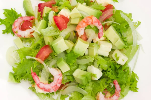 Vista Superior Ensalada Aguacate Con Tomates Hojas Lechuga Cebolla Queso — Foto de Stock