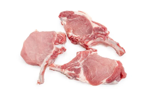 Three Uncooked Pork Loin Chops Partly Frenched Ribs White Background — Stock Photo, Image