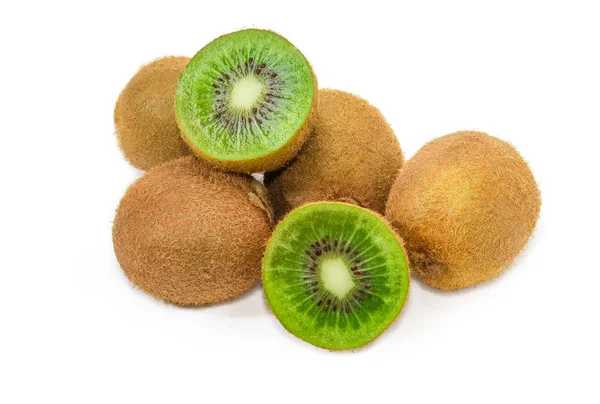 Stapel Rijp Fuzzy Kiwifruits Met Een Fruit Snij Doormidden Een — Stockfoto