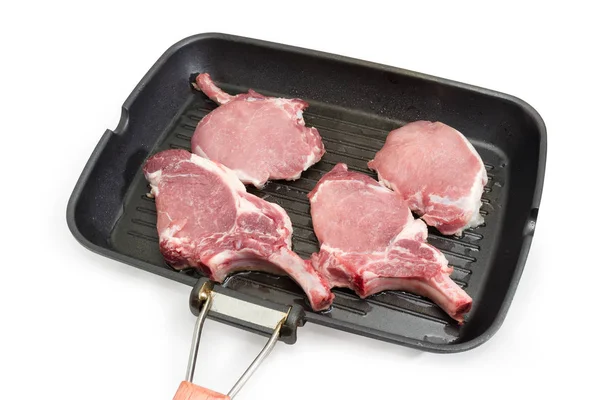 Varkensvlees Lendenen Koteletten Met Deels Frenched Ribben Grill Pan Tijdens — Stockfoto