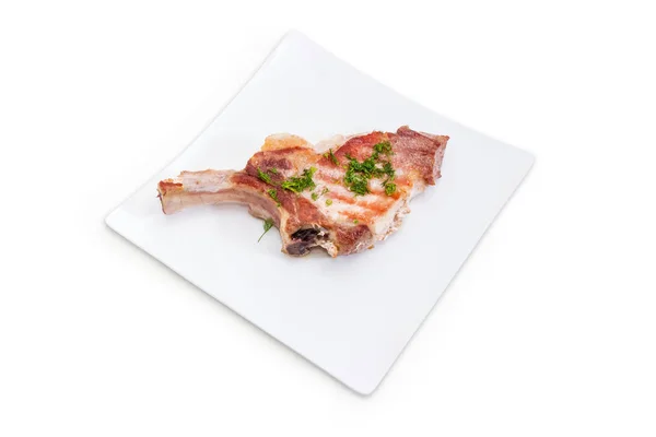 Grilled Pork Loin Chop Partly Frenched Rib Sprinkled Chopped Dill — Stock Photo, Image