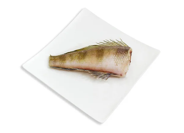 Uncooked Arcass Notothenia Fish Head Tail White Square Dish White — Stock Photo, Image