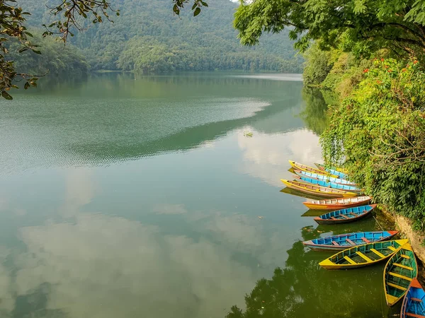 Parçası ile çok renkli tekneler üzerinde ön plan, Nepal Pokhara şehirde Phewa Gölü