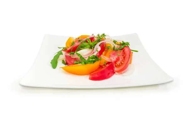 Ensalada Vegetal Tomates Rojos Amarillos Frescos Rodajas Cebolla Verduras Plato — Foto de Stock