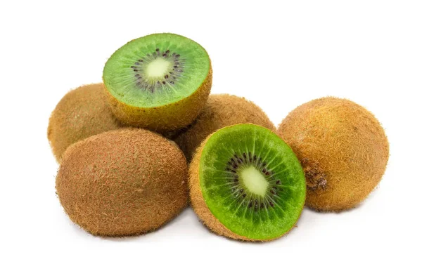 Hromadu Zralé Kiwifruits Jedním Ovoce Rozpulte Bílém Pozadí — Stock fotografie