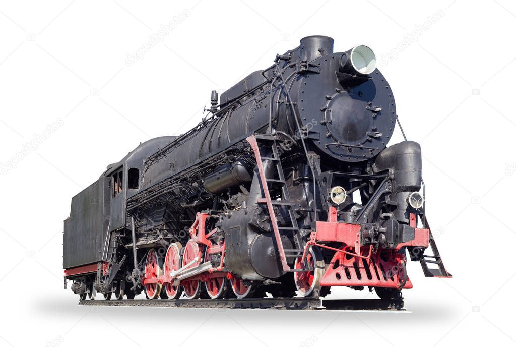 Old black steam locomotive with five pairs of driving wheels on a white background