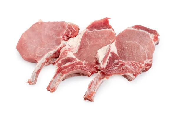 Three Uncooked Bone Pork Loin Chops Partly Frenched Ribs White — Stock Photo, Image