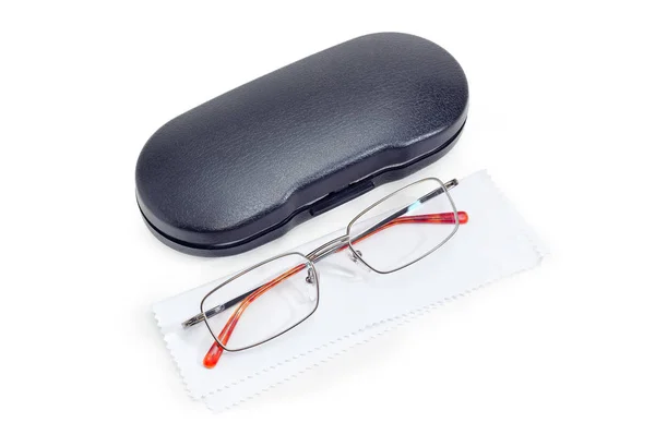 Klasyczne Męskie Okulary Metalowej Ramie Leżące Czyszczenie Czarny Twardy Plastik — Zdjęcie stockowe