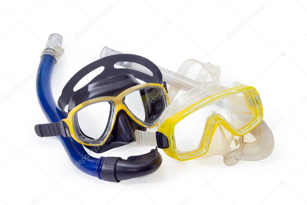 Black and yellow diving masks with different snorkels on a white background