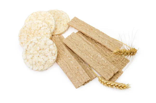 Suchý Křehký Obdélníkový Plochý Žitno Pšeničný Chléb Kulaté Pufovaná Rýže — Stock fotografie