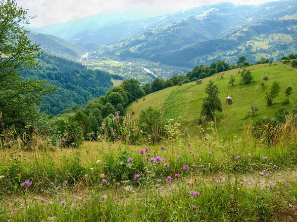 Pohled Horské Vesnice Údolí Horského Svahu Pozadí Vzdálené Hřebeny Oparu — Stock fotografie