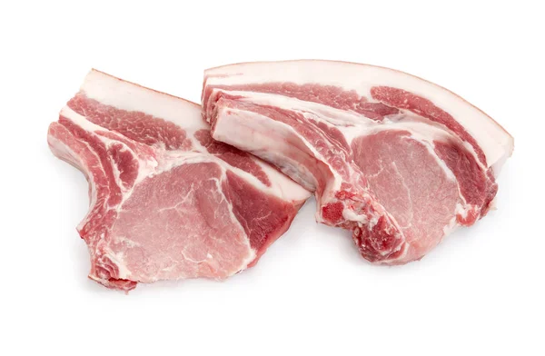 Two Uncooked Pork Loin Chops Ribs White Background — Stock Photo, Image