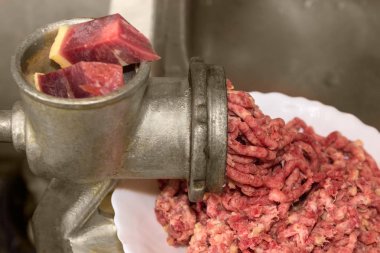Seçici odak, kaz eti kıyma sırasında eski el-yeti kıyma makinesi parçası