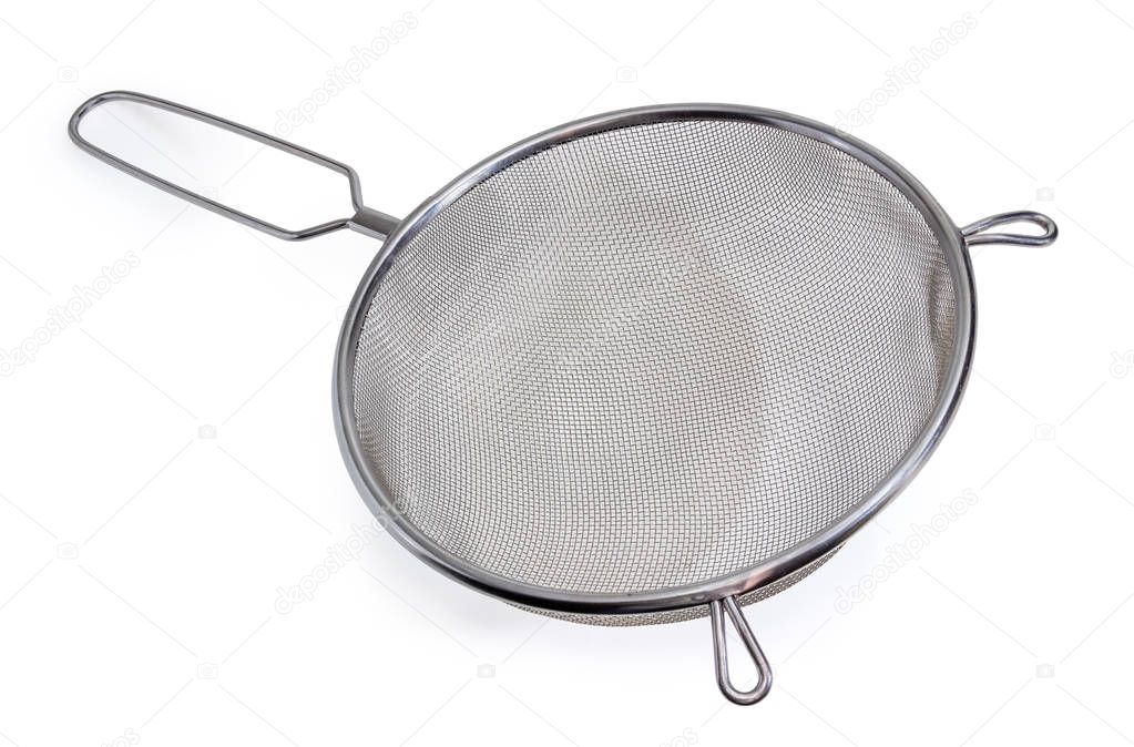 Round stainless steel sieve with wire mesh on a white background