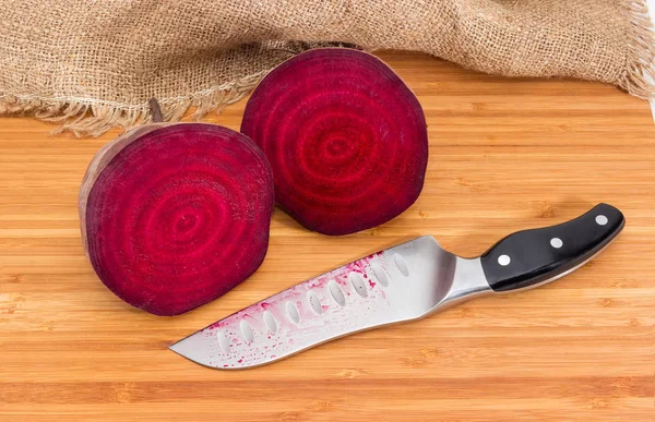 Two Halves Uncooked Red Beetroot Cut Kitchen Knife Bamboo Wooden — Stock Photo, Image