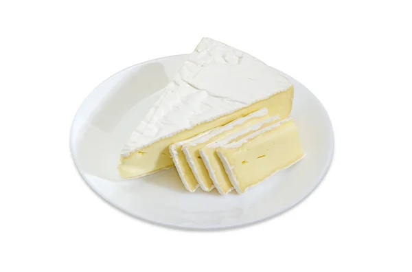 Pièce Forme Secteur Tranches Brie Sur Fond Blanc — Photo
