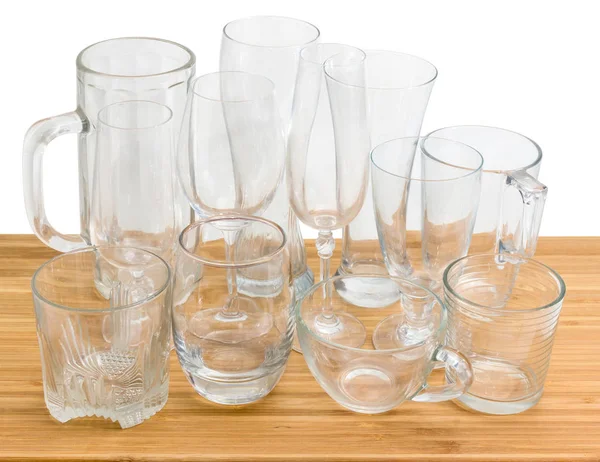 Different Empty Beer Glassware Wine Glasses Glass Beakers Cups Bamboo — Stock Photo, Image