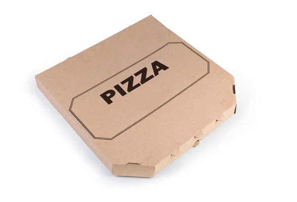 Pizza Krabice Vlnité Lepenky Tištěný Snímek Nápis Pizza Bílém Pozadí — Stock fotografie