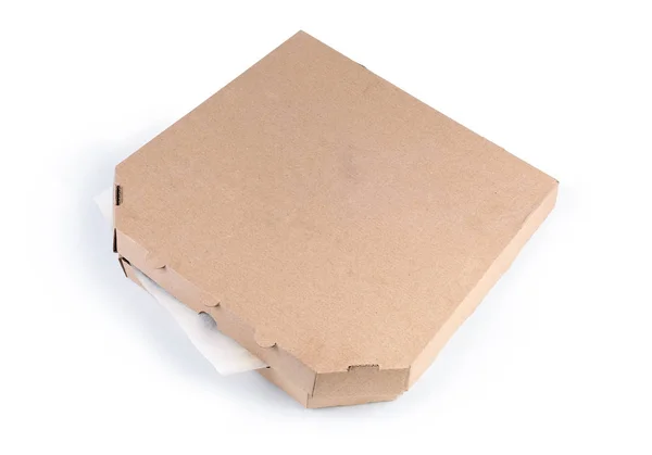 Boîte Pizza Légèrement Ouverte Carton Ondulé Sans Inscriptions Sur Fond — Photo